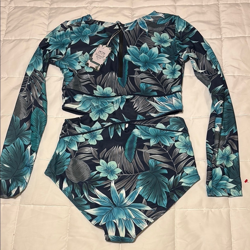 Long-Sleeve Floral One-Piece Swim in Teal